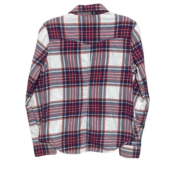 BDG Plaid Striped Red White Blue Button Down Shirt Flap Front Pockets Womens M - Picture 2 of 8
